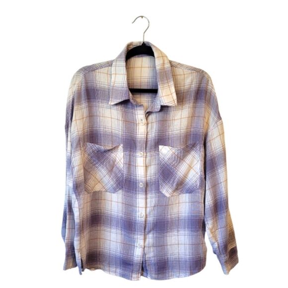 BeCool Lavender Plaid Boyfriend Button Up Drop Shoulder Flannel Shirt - Picture 1 of 5